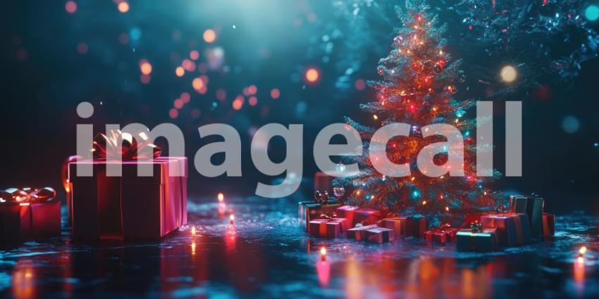 A Neon Christmas: A Decorated Christmas Tree Gleams with Colorful Lights, Surrounded by Wrapped Gifts in a Dreamy, Neon-Lit Setting