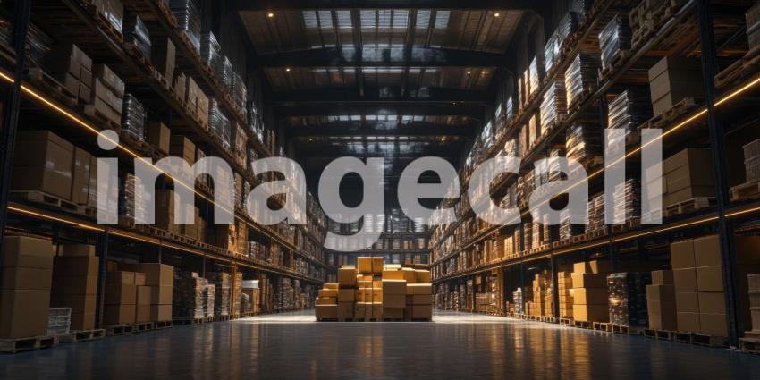 A Maze of Cardboard: A Warehouse Filled with Towering Shelves of Packed Boxes, Reaching Towards the Ceiling