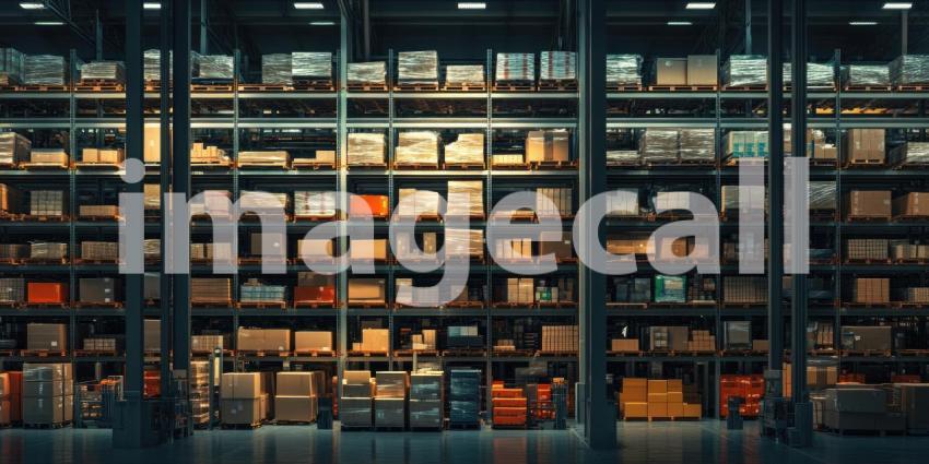 A Maze of Cardboard: A Warehouse Filled with Towering Shelves of Packed Boxes, Reaching Towards the Ceiling