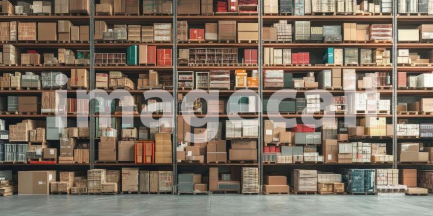 A Maze of Cardboard: A Warehouse Filled with Towering Shelves of Packed Boxes, Reaching Towards the Ceiling