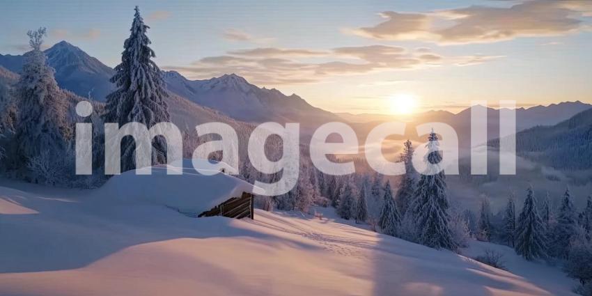 A Winter's Tale: A Cozy Cabin Nestled in a Snowy Landscape, with Majestic Mountains Rising in the Distance