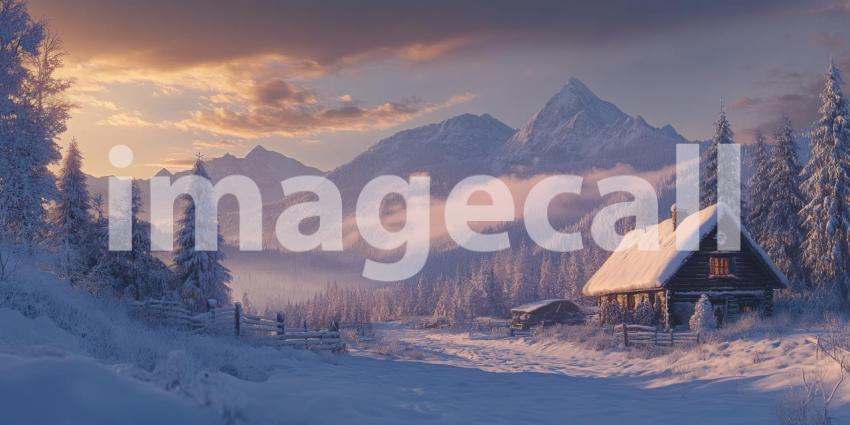 A Winter's Tale: A Cozy Cabin Nestled in a Snowy Landscape, with Majestic Mountains Rising in the Distance