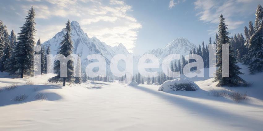 A Winter's Tale: A Cozy Cabin Nestled in a Snowy Landscape, with Majestic Mountains Rising in the Distance