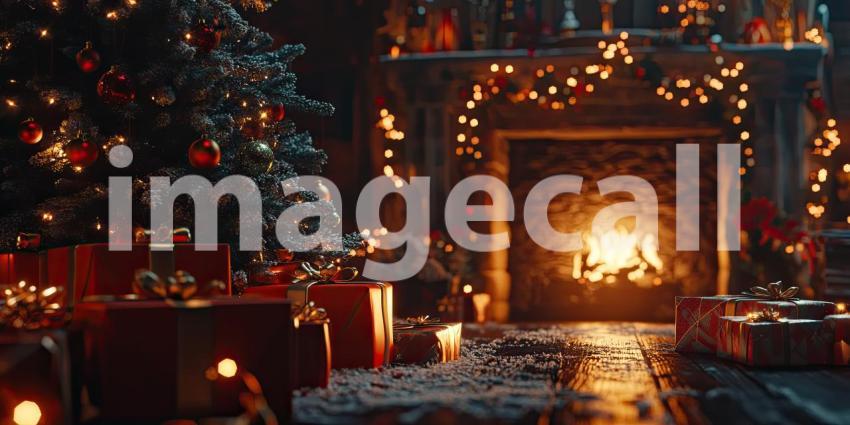 A Magical Christmas Eve: A Cozy Fireplace Blazes Brightly, Casting a Warm Glow on a Room Adorned with a Sparkling Tree and Wrapped Gift