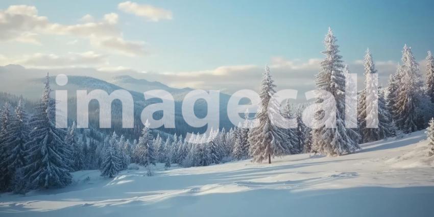 A Winter's Tale: A Cozy Cabin Nestled in a Snowy Landscape, with Majestic Mountains Rising in the Distance