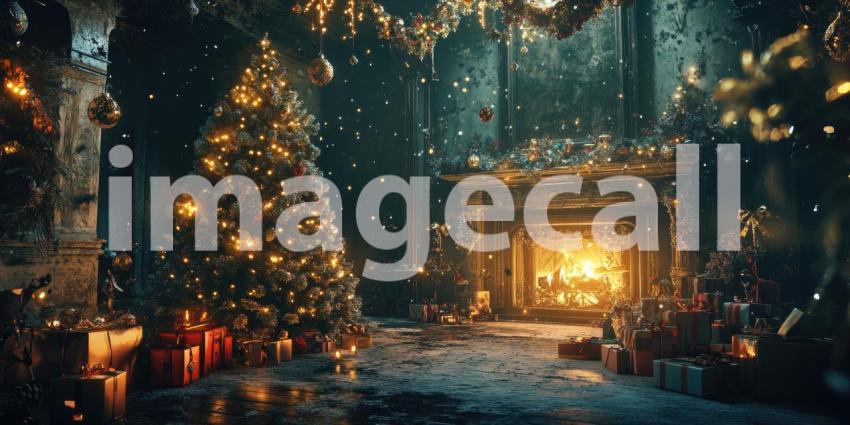 A Magical Christmas Eve: A Cozy Fireplace Blazes Brightly, Casting a Warm Glow on a Room Adorned with a Sparkling Tree and Wrapped Gift