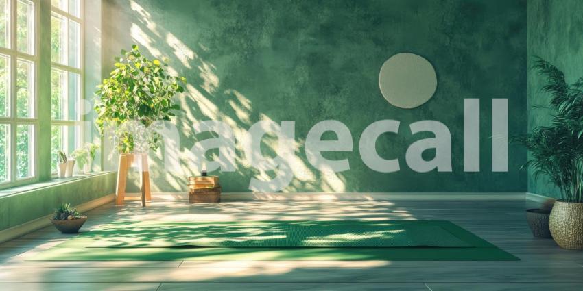 A Tranquil Haven: Sunlight Dapples Through a Window, Casting Shadows on a Serene Room with a Yoga Mat and Lush Greenery