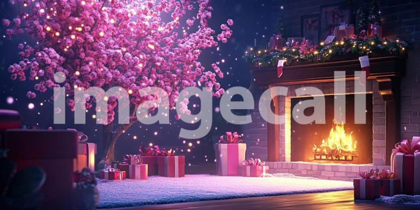 A Magical Christmas Eve: A Cozy Fireplace Blazes Brightly, Casting a Warm Glow on a Room Adorned with a Sparkling Tree and Wrapped Gift