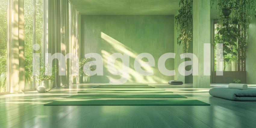 A Tranquil Haven: Sunlight Dapples Through a Window, Casting Shadows on a Serene Room with a Yoga Mat and Lush Greenery