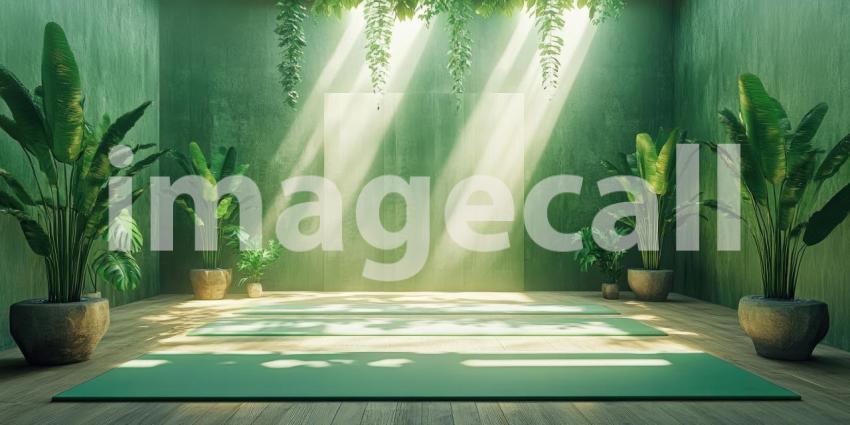 A Tranquil Haven: Sunlight Dapples Through a Window, Casting Shadows on a Serene Room with a Yoga Mat and Lush Greenery