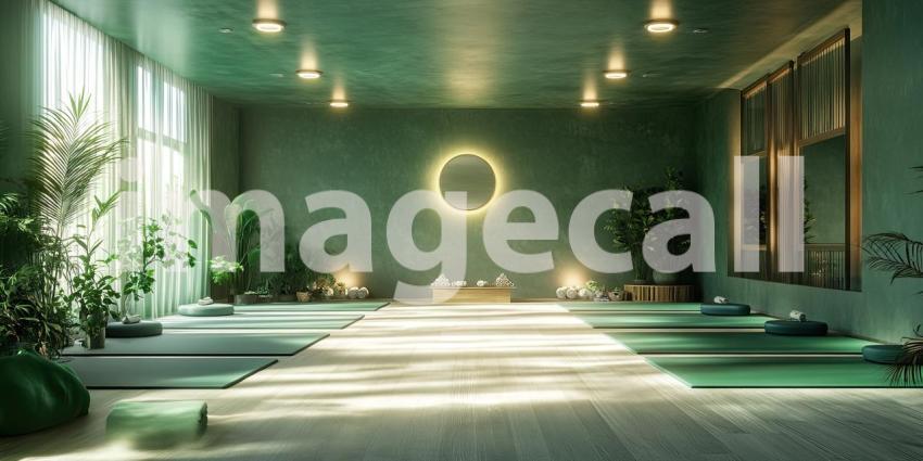 A Tranquil Haven: Sunlight Dapples Through a Window, Casting Shadows on a Serene Room with a Yoga Mat and Lush Greenery