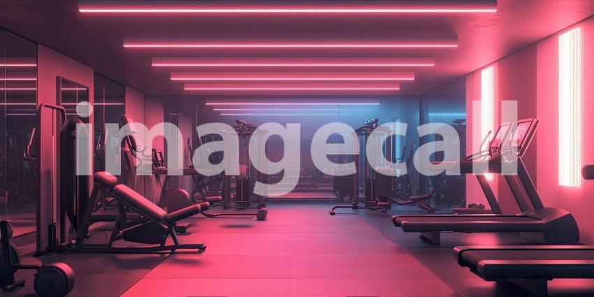 Neon Pulse: A Modern Gym Bathed in Vibrant Pink and Blue Lighting, Inviting You to Elevate Your Workout