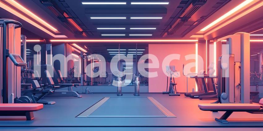 Neon Pulse: A Modern Gym Bathed in Vibrant Pink and Blue Lighting, Inviting You to Elevate Your Workout