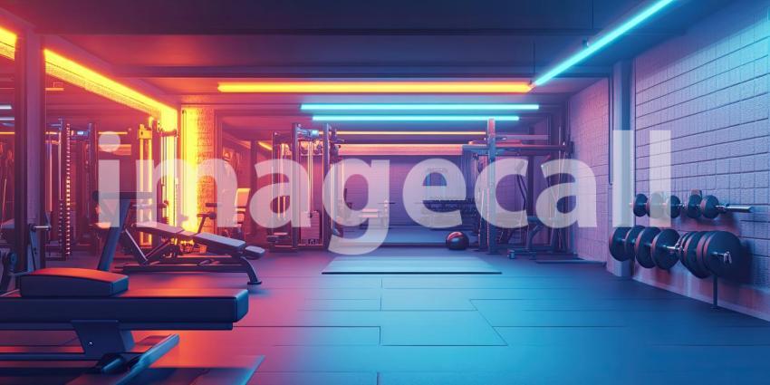 Neon Pulse: A Modern Gym Bathed in Vibrant Pink and Blue Lighting, Inviting You to Elevate Your Workout
