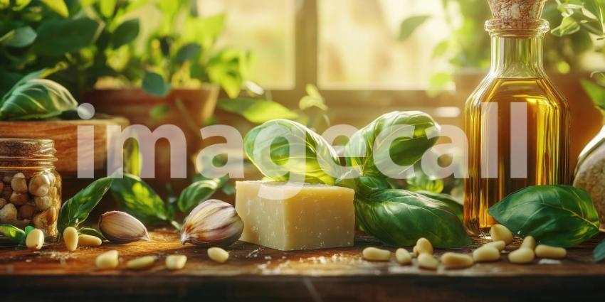 A Feast for the Senses: Fresh Basil, Parmesan Cheese, Garlic, Pine Nuts, and Olive Oil, Ready to Create a Culinary Masterpiece