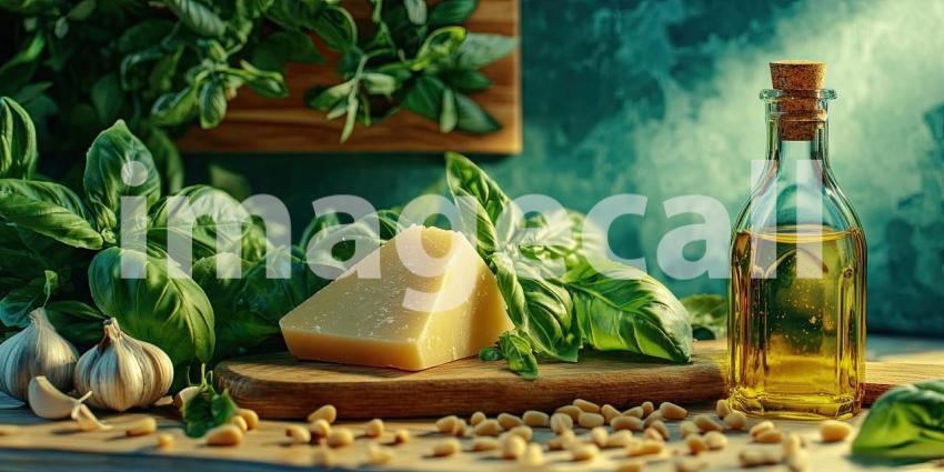 A Feast for the Senses: Fresh Basil, Parmesan Cheese, Garlic, Pine Nuts, and Olive Oil, Ready to Create a Culinary Masterpiece