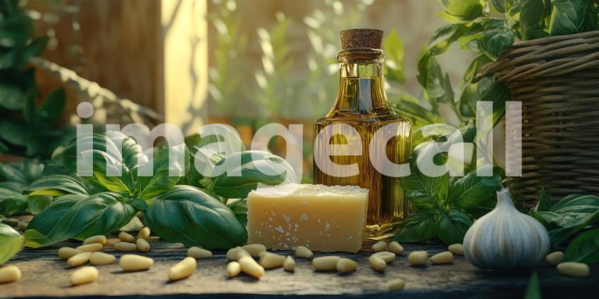 A Feast for the Senses: Fresh Basil, Parmesan Cheese, Garlic, Pine Nuts, and Olive Oil, Ready to Create a Culinary Masterpiece