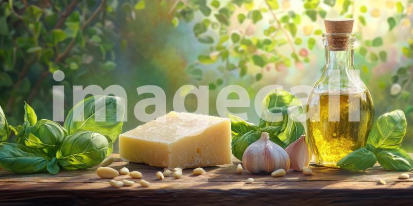 A Feast for the Senses: Fresh Basil, Parmesan Cheese, Garlic, Pine Nuts, and Olive Oil, Ready to Create a Culinary Masterpiece