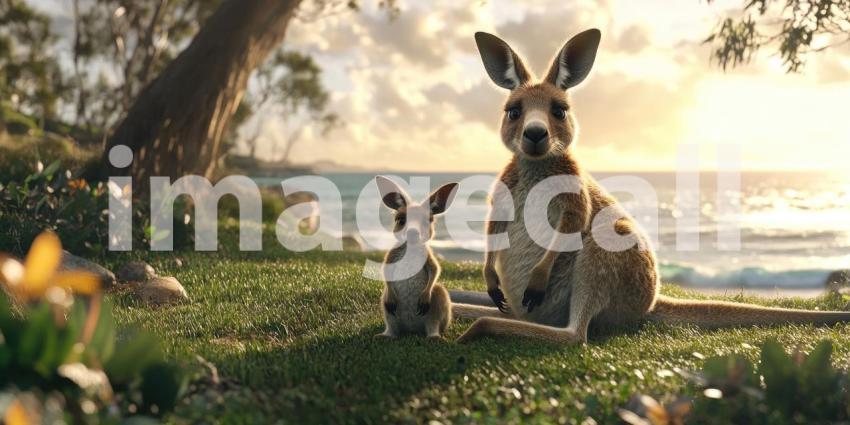 Coastal Kangaroo Companions: A mother and joey kangaroo survey their coastal surroundings