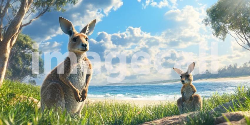 Coastal Kangaroo Companions: A mother and joey kangaroo survey their coastal surroundings