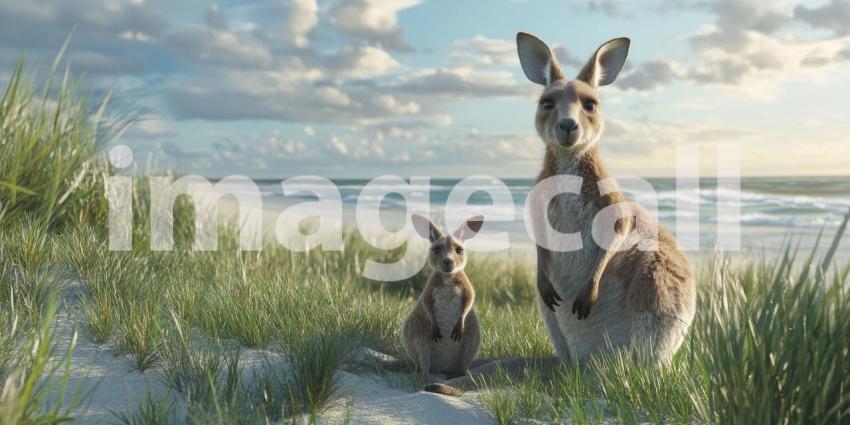 Coastal Kangaroo Companions: A mother and joey kangaroo survey their coastal surroundings