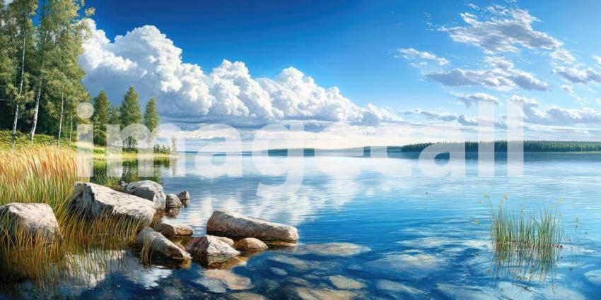 Serene Lakeside Serenity: A Tranquil Scene of a Lake Under a Blue Sky with Fluffy Clouds
