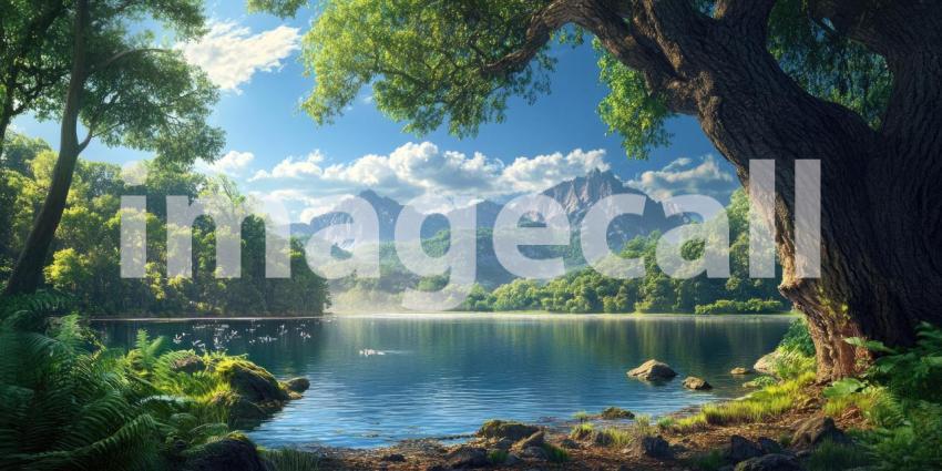 Serene Lakeside Serenity: A Tranquil Scene of a Lake Under a Blue Sky with Fluffy Clouds