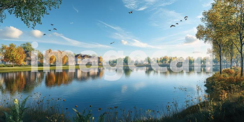 Serene Lakeside Serenity: A Tranquil Scene of a Lake Under a Blue Sky with Fluffy Clouds