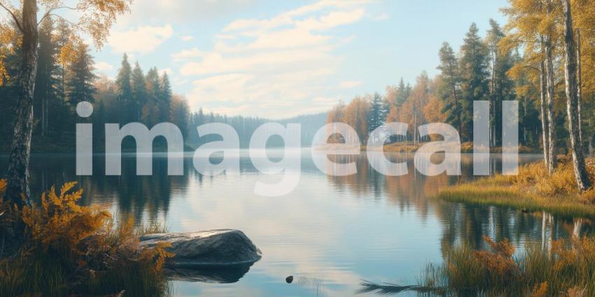 Serene Lakeside Serenity: A Tranquil Scene of a Lake Under a Blue Sky with Fluffy Clouds