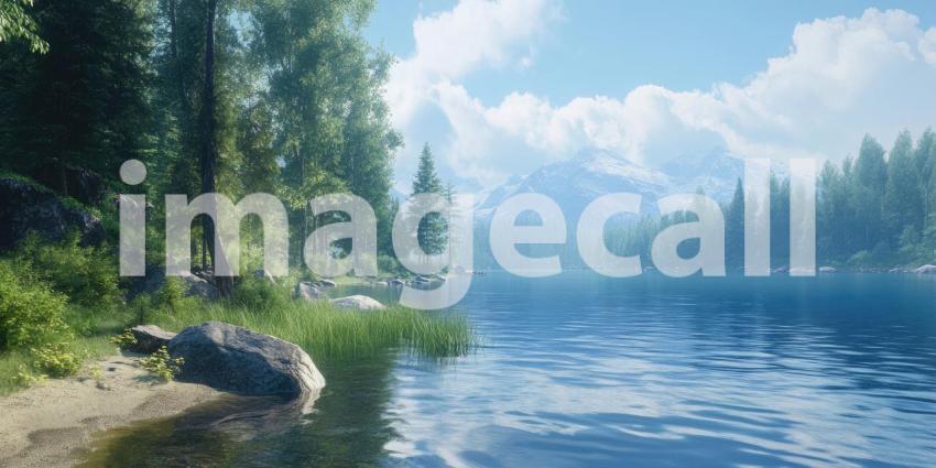Serene Lakeside Serenity: A Tranquil Scene of a Lake Under a Blue Sky with Fluffy Clouds