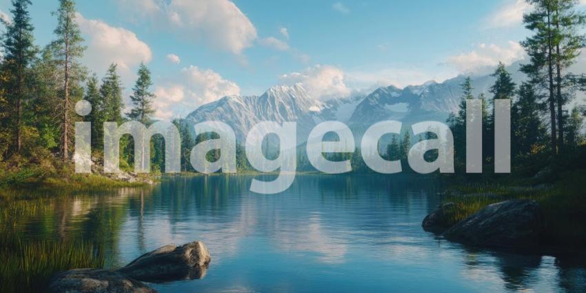 Serene Lakeside Serenity: A Tranquil Scene of a Lake Under a Blue Sky with Fluffy Clouds