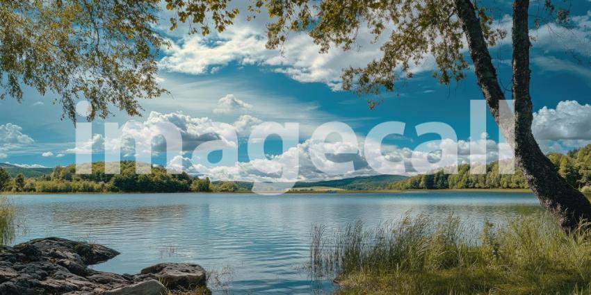Serene Lakeside Serenity: A Tranquil Scene of a Lake Under a Blue Sky with Fluffy Clouds