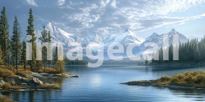 Serene Lakeside Serenity: A Tranquil Scene of a Lake Under a Blue Sky with Fluffy Clouds