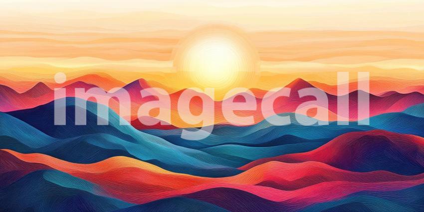 A Sun-Kissed Horizon: A Vibrant Abstract Landscape of Mountains Bathed in Warm, Golden Light