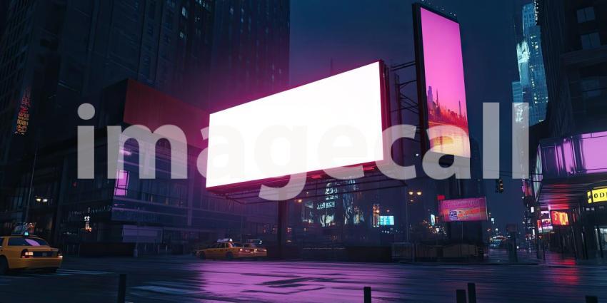 Neon Nights: A Billboard Stands Tall in a Cityscape Bathed in Vibrant Neon Lights