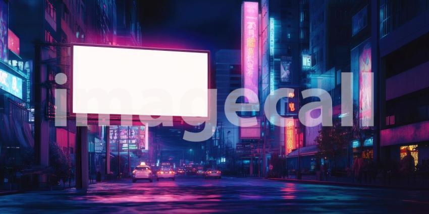 Neon Nights: A Billboard Stands Tall in a Cityscape Bathed in Vibrant Neon Lights