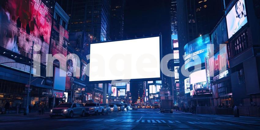 Neon Nights: A Billboard Stands Tall in a Cityscape Bathed in Vibrant Neon Lights