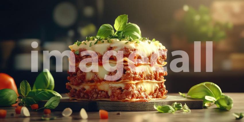 A Cheesy Delight: A Towering Lasagna, Layered with Rich Tomato Sauce, Ground Meat, and Melted Cheese, Ready to Serve