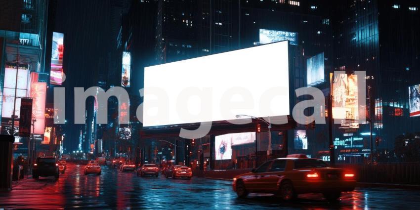 Neon Nights: A Billboard Stands Tall in a Cityscape Bathed in Vibrant Neon Lights