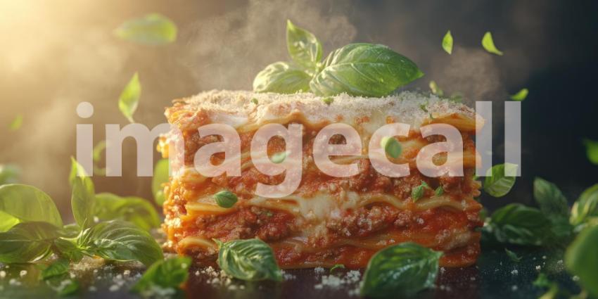 A Cheesy Delight: A Towering Lasagna, Layered with Rich Tomato Sauce, Ground Meat, and Melted Cheese, Ready to Serve