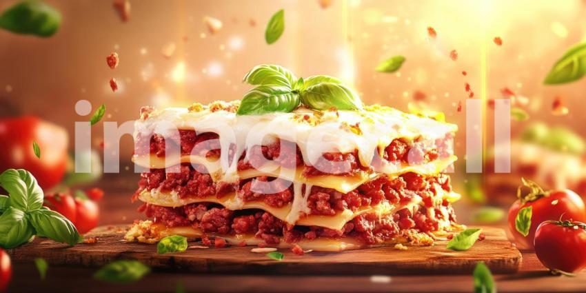 A Cheesy Delight: A Towering Lasagna, Layered with Rich Tomato Sauce, Ground Meat, and Melted Cheese, Ready to Serve