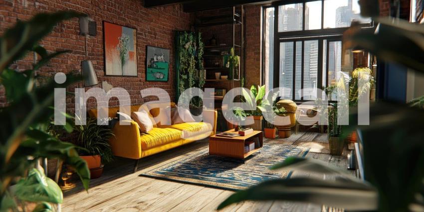 Loft Living: A Spacious Industrial-Style Apartment with Exposed Brick Walls, a Mezzanine Level, and Vibrant Yellow Accents