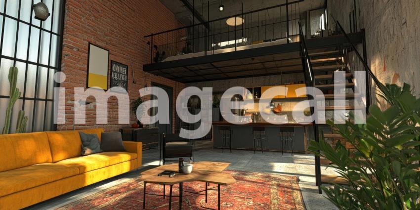 Loft Living: A Spacious Industrial-Style Apartment with Exposed Brick Walls, a Mezzanine Level, and Vibrant Yellow Accents