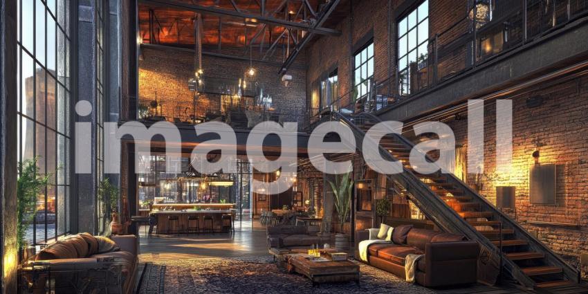 Loft Living: A Spacious Industrial-Style Apartment with Exposed Brick Walls, a Mezzanine Level, and Vibrant Yellow Accents