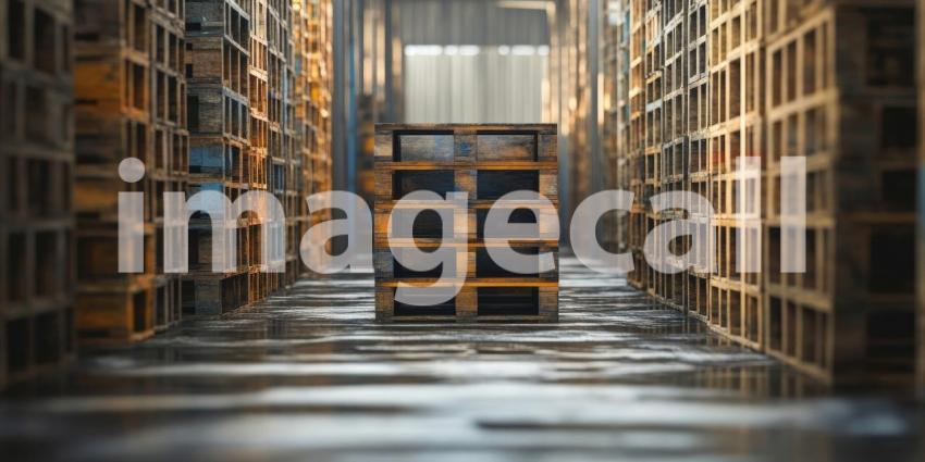 A Warehouse of Possibilities: Wooden crates stacked high in a sunlit warehouse, ready for distribution
