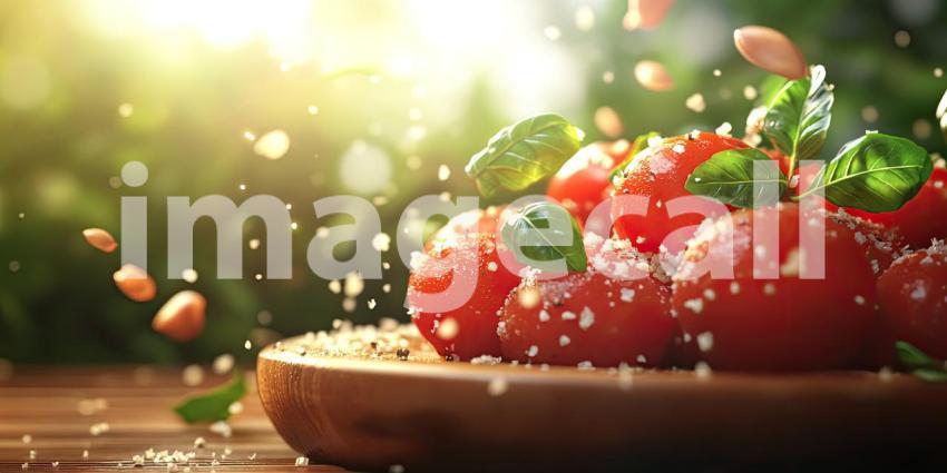 Sunlight Drenched Cherry Tomatoes with Fresh Basil and a Sprinkle of Parmesan Cheese on a Rustic Wooden Platter, Capturing the Essence of Summer Freshness and Italian Cuisine