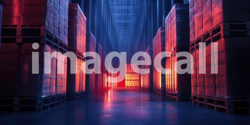 A Warehouse of Possibilities: Wooden crates stacked high in a sunlit warehouse, ready for distribution
