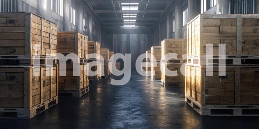 A Warehouse of Possibilities: Wooden crates stacked high in a sunlit warehouse, ready for distribution