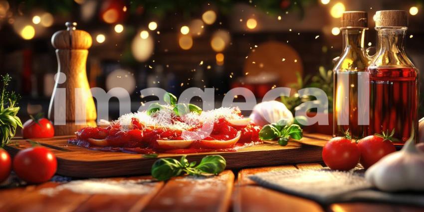 Sunlight Drenched Cherry Tomatoes with Fresh Basil and a Sprinkle of Parmesan Cheese on a Rustic Wooden Platter, Capturing the Essence of Summer Freshness and Italian Cuisine