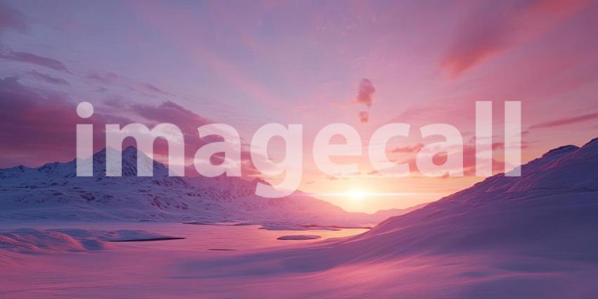 Serene Arctic Landscape Bathed in the Glow of a Vibrant Pink Sunset